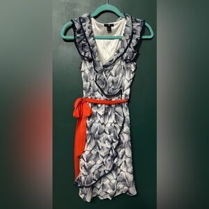 Business Blue and White Dress with Red Tie